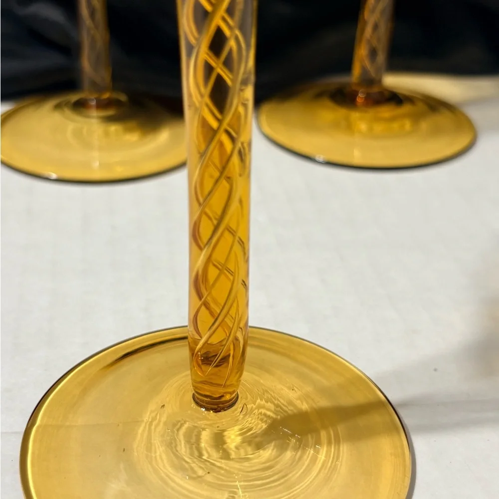 Vintage MCM Eisch Pirouette Amber Glasses, Air Twist Space Age Orbital Pattern 4